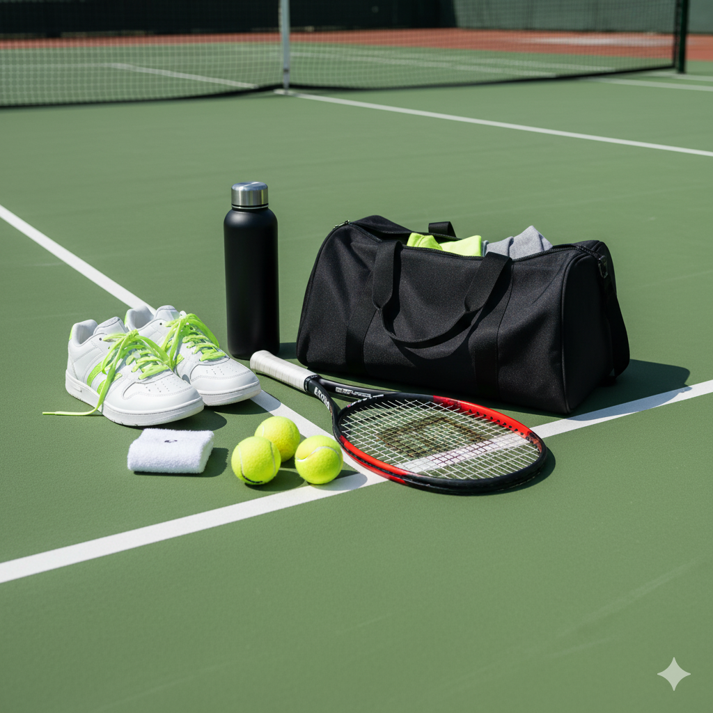 Gear & Equipments Essential tennis gear and equipment laid out on tennis court.